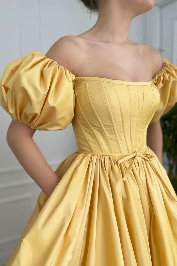 Yellow Satin Long A-Line Prom Dress Cute Short Sleeve Evening Dress with Slit