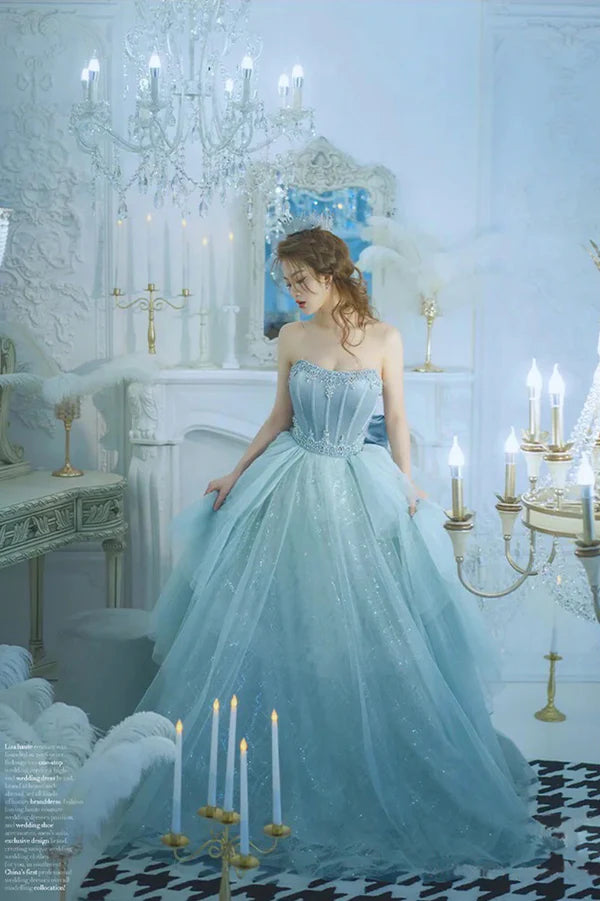 Blue Strapless Tulle Long Prom Dress Beautiful Princess Dress with Bow