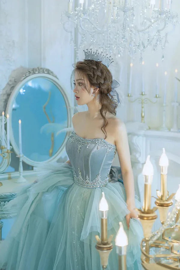 Blue Strapless Tulle Long Prom Dress Beautiful Princess Dress with Bow