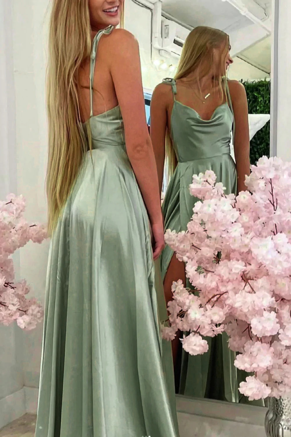 Simple A Line Spaghetti Straps Light Green Long Prom Dress with Silt