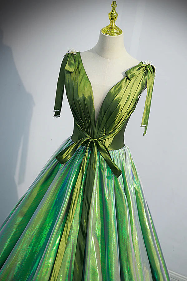 Green V-Neck Long A-Line Prom Dress Simple Green Evening Party Dress