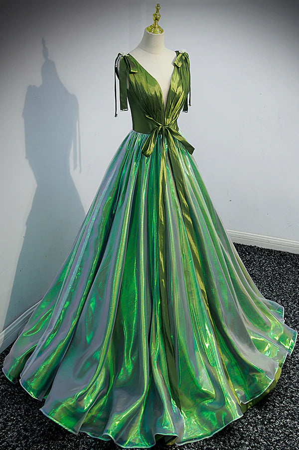 Green V-Neck Long A-Line Prom Dress Simple Green Evening Party Dress