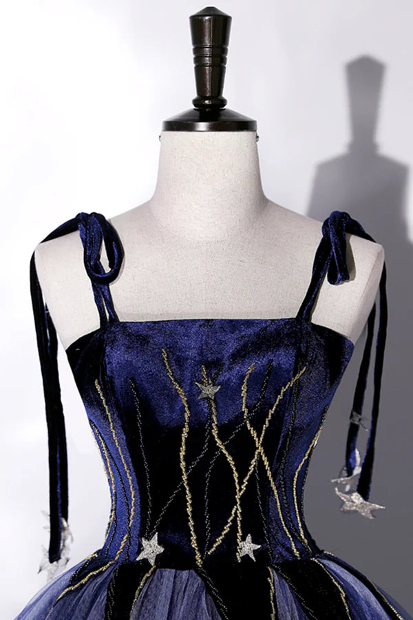 Blue Spaghetti Strap Tulle Long Prom Dress with Star Blue Evening Party Dress