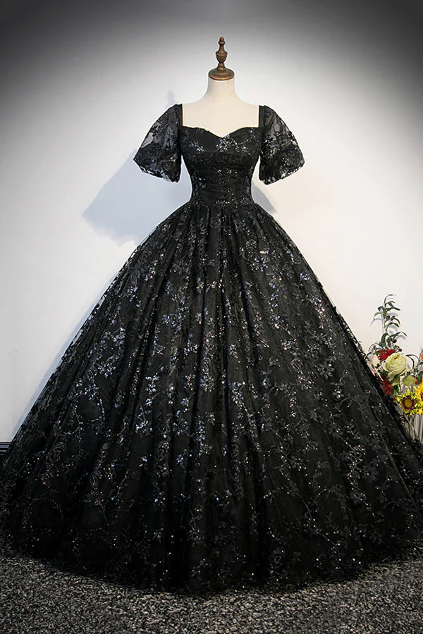 Black Tulle Sequins Long Prom Dress A-Line Short Sleeve Formal Evening Gown