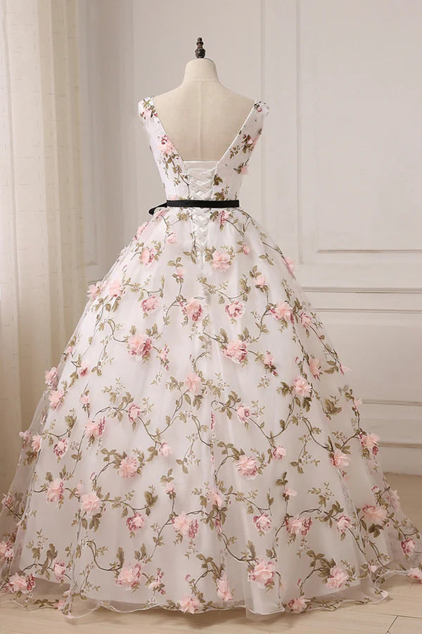 White Tulle Long A-Line Prom Dress White V-Neck Evening Dress