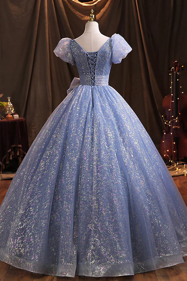 Blue V-Neck Shiny Tulle Long Prom Dress A-Line Short Sleeve Formal Dress