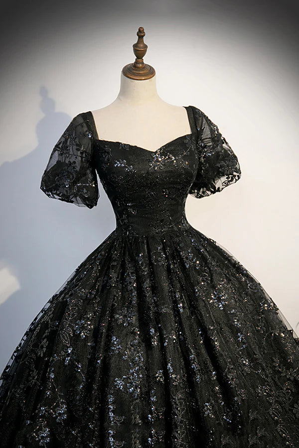 Black Tulle Sequins Long Prom Dress A-Line Short Sleeve Formal Evening Gown