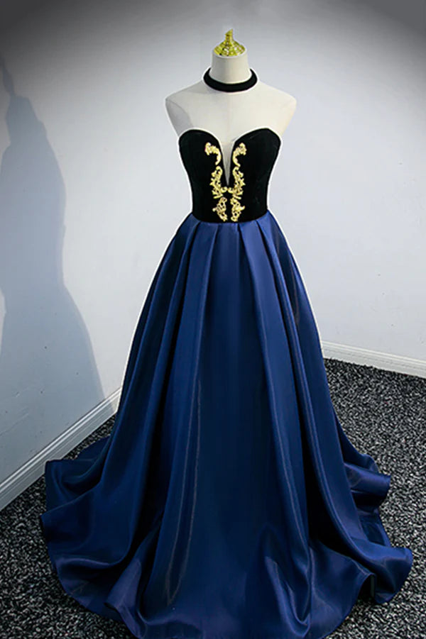 Blue Satin Lace Long Prom Dress Blue Short Sleeve Evening Party Dress