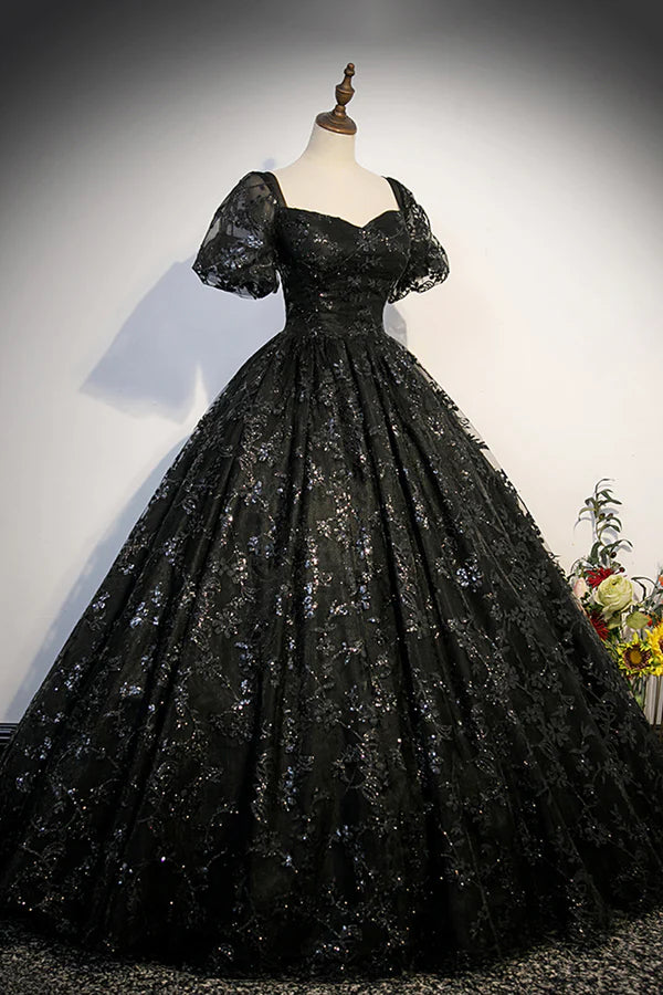 Black Tulle Sequins Long Prom Dress A-Line Short Sleeve Formal Evening Gown