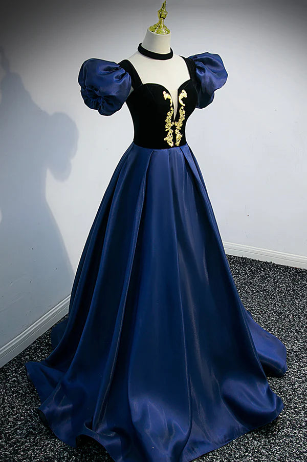 Blue Satin Lace Long Prom Dress Blue Short Sleeve Evening Party Dress
