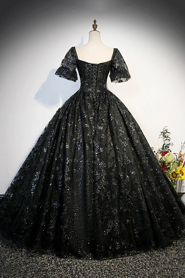 Black Tulle Sequins Long Prom Dress A-Line Short Sleeve Formal Evening Gown