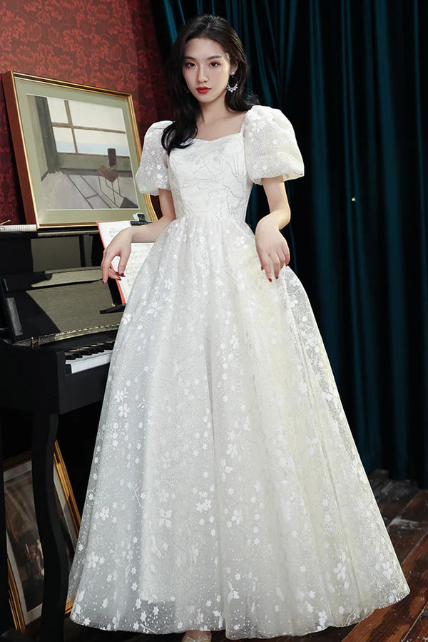 Cute Tulle Long A-Line Prom Dress White Short Sleeve Evening Party Dress