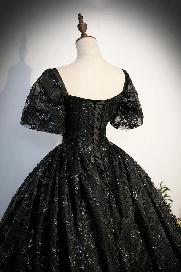 Black Tulle Sequins Long Prom Dress A-Line Short Sleeve Formal Evening Gown