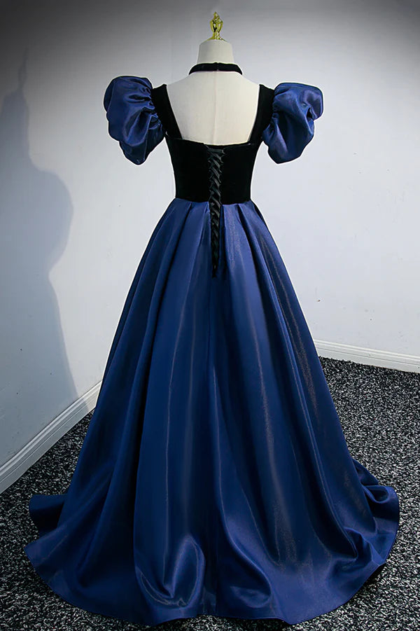 Blue Satin Lace Long Prom Dress Blue Short Sleeve Evening Party Dress