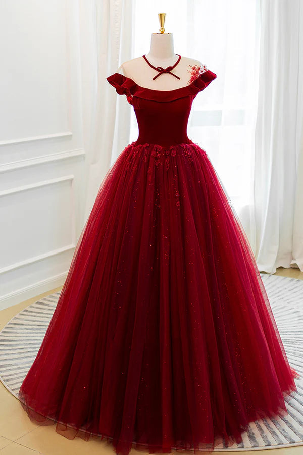Burgundy Velvet Tulle Floor Length Prom Dress Lovely Evening Party Dress