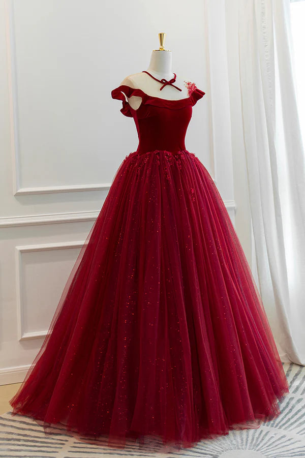 Burgundy Velvet Tulle Floor Length Prom Dress Lovely Evening Party Dress