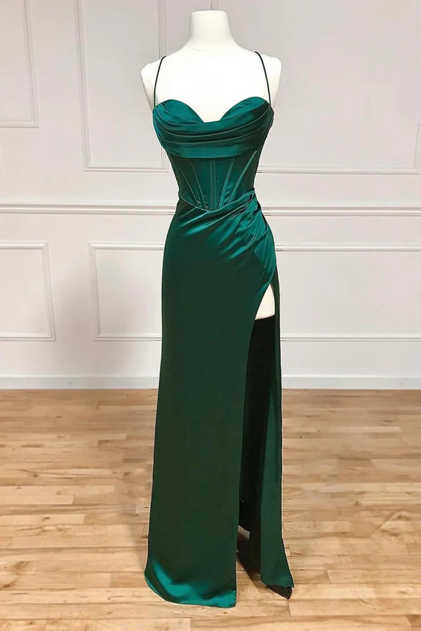 Green Satin Long Prom Dress Simple Lace-Up Evening Party Dress