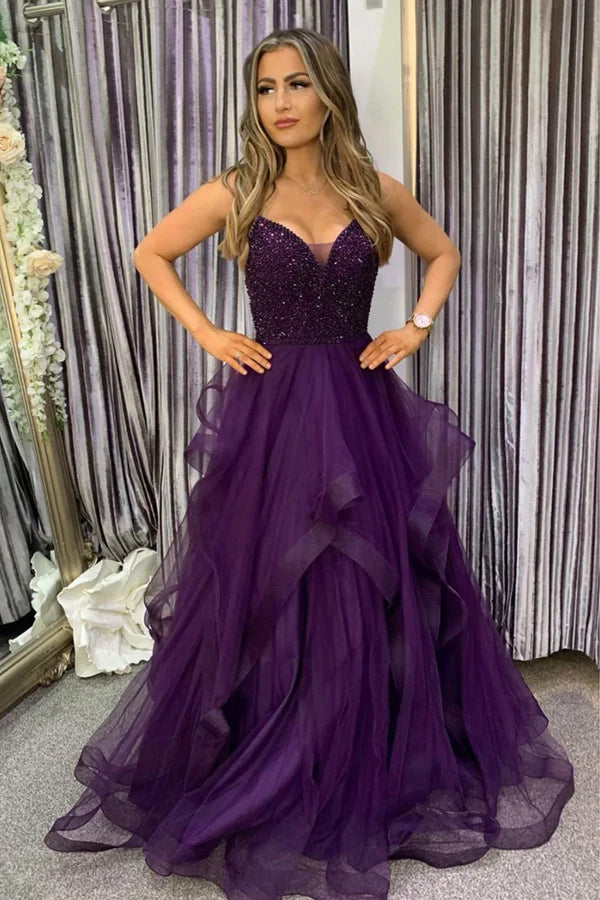 Purple Tulle Beaded Long Prom Dress V Neck Spaghetti Strap Evening Dress