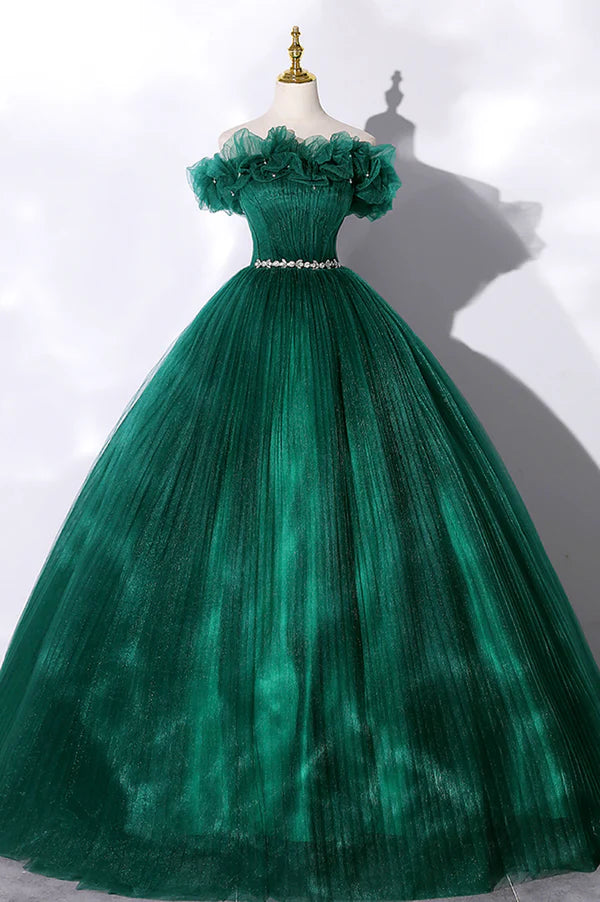 Off the Shoulder Tulle Long Prom Dress Green A-Line Evening Graduation Dress