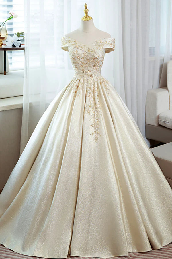 Champagne Satin Long Prom Dress with Beaded V-Neck Evening Party Dress
