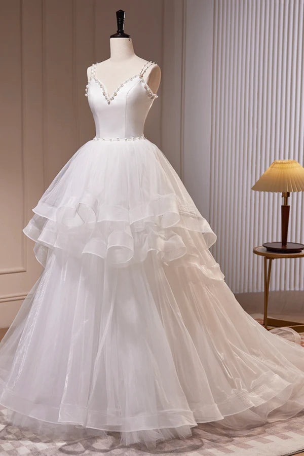White V-Neck Tulle Long Prom Dress A-Line Evening Dress with Train
