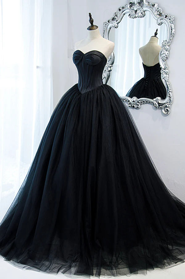 Black Strapless Tulle Long A-Line Prom Dress Black Formal Evening Gown