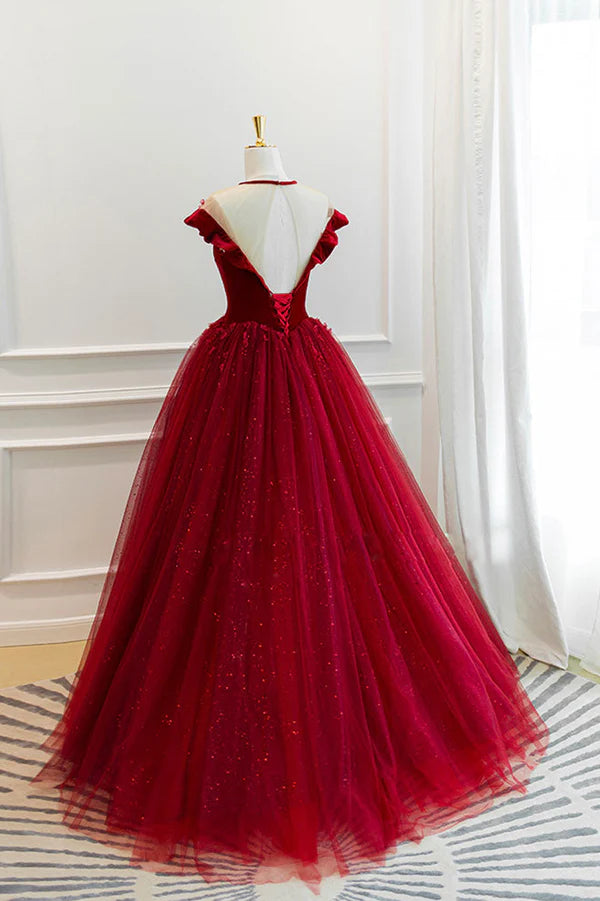 Burgundy Velvet Tulle Floor Length Prom Dress Lovely Evening Party Dress