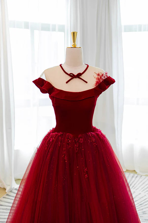Burgundy Velvet Tulle Floor Length Prom Dress Lovely Evening Party Dress