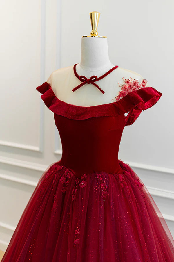 Burgundy Velvet Tulle Floor Length Prom Dress Lovely Evening Party Dress