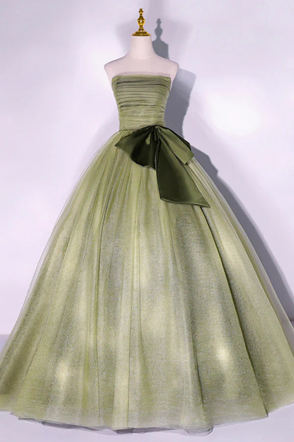 Green Tulle Long A-Line Prom Dress Green Strapless Evening Gown