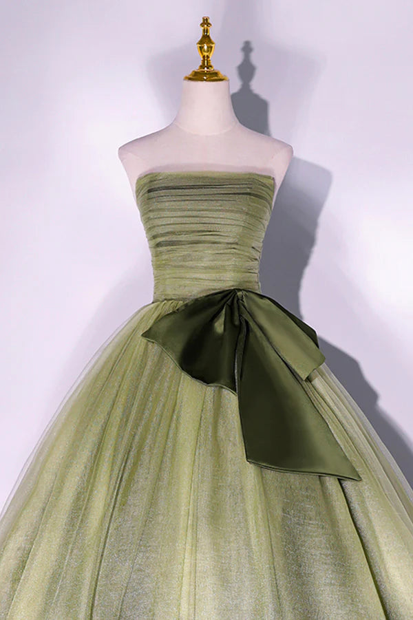 Green Tulle Long A-Line Prom Dress Green Strapless Evening Gown