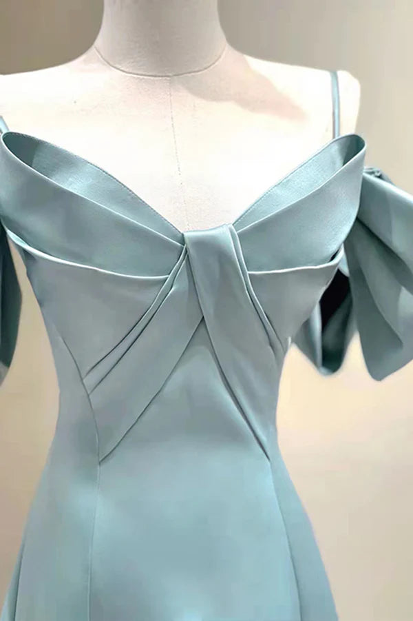 Blue Satin Long A-Line Prom Dress Unique Spaghetti Straps Evening Dress