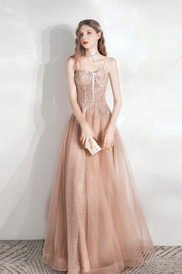 Pink Tulle Long A-Line Evening Party Dress Cute Pink Prom Dress