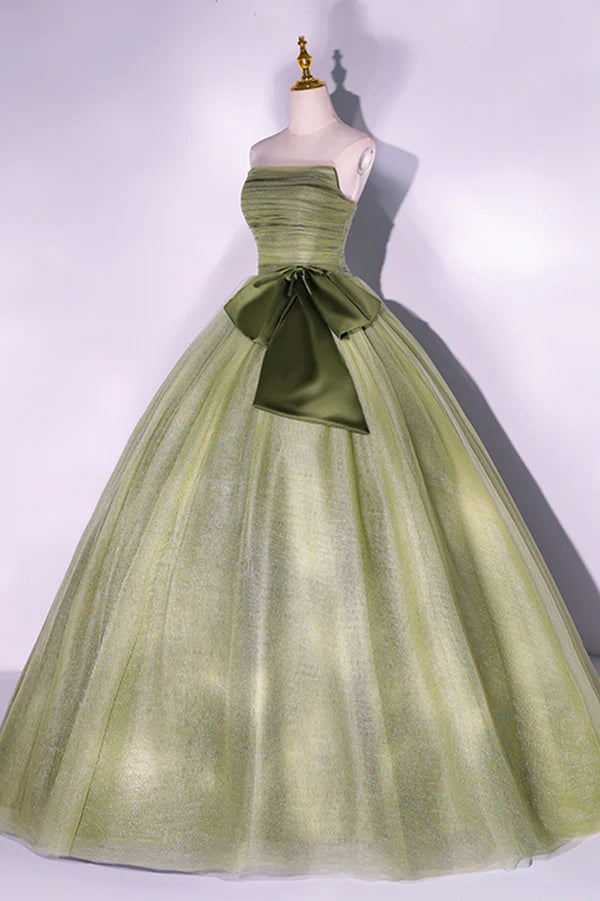 Green Tulle Long A-Line Prom Dress Green Strapless Evening Gown
