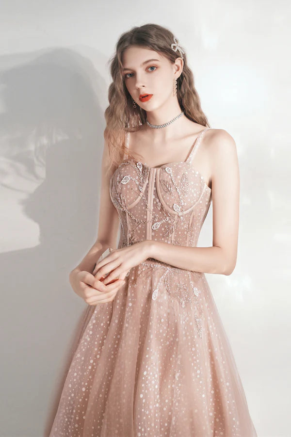 Pink Tulle Long A-Line Evening Party Dress Cute Pink Prom Dress