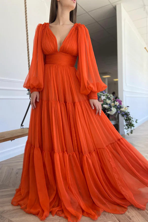 Orange Chiffon Floor Length Prom Dress Long Sleeve Evening Party Dress