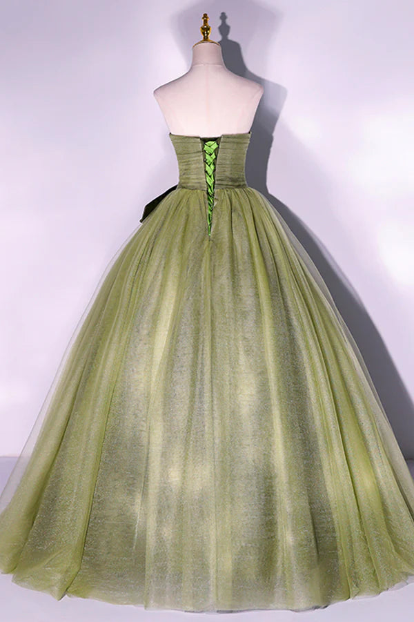 Green Tulle Long A-Line Prom Dress Green Strapless Evening Gown