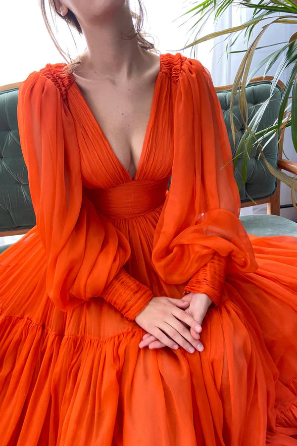 Orange Chiffon Floor Length Prom Dress Long Sleeve Evening Party Dress