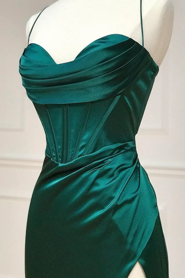 Green Satin Long Prom Dress Simple Lace-Up Evening Party Dress