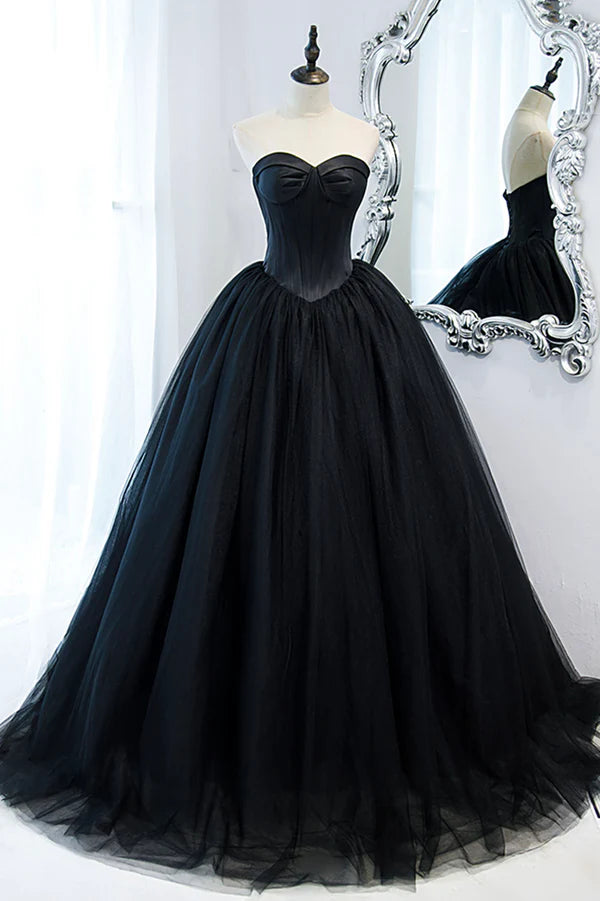 Black Strapless Tulle Long A-Line Prom Dress Black Formal Evening Gown