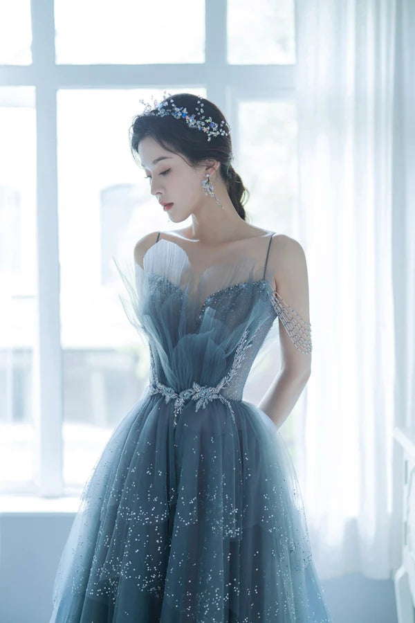 Blue Tulle Beaded Long A-Line Prom Dress Blue Formal Evening Gown