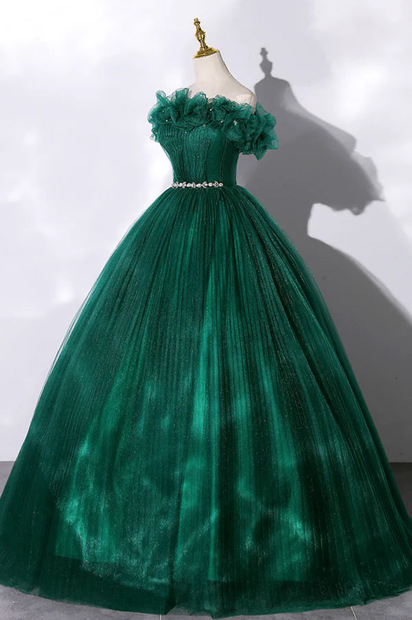 Off the Shoulder Tulle Long Prom Dress Green A-Line Evening Graduation Dress