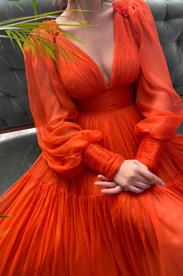 Orange Chiffon Floor Length Prom Dress Long Sleeve Evening Party Dress