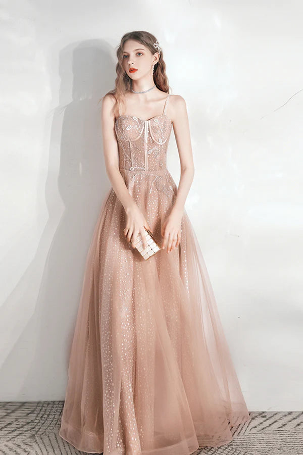 Pink Tulle Long A-Line Evening Party Dress Cute Pink Prom Dress