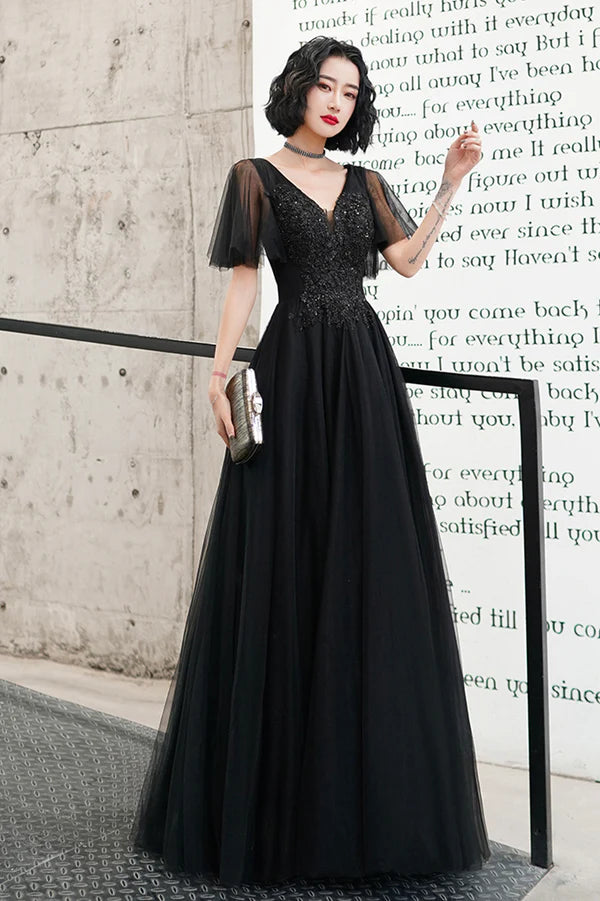 Black V-Neck Tulle Long Prom Dress Black A-Line Formal Evening Dress
