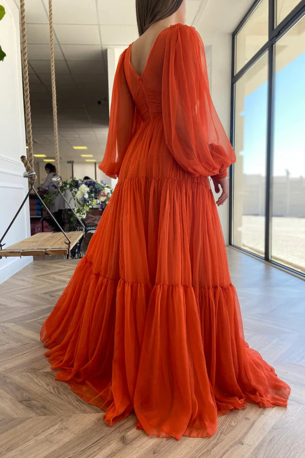 Orange Chiffon Floor Length Prom Dress Long Sleeve Evening Party Dress