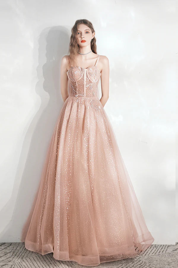 Pink Tulle Long A-Line Evening Party Dress Cute Pink Prom Dress