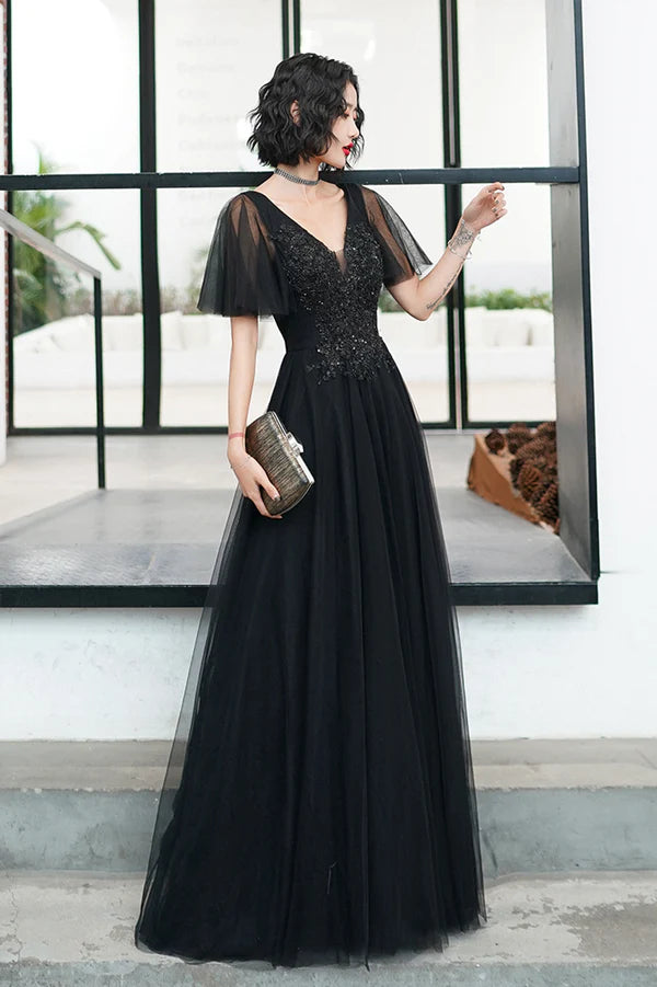 Black V-Neck Tulle Long Prom Dress Black A-Line Formal Evening Dress
