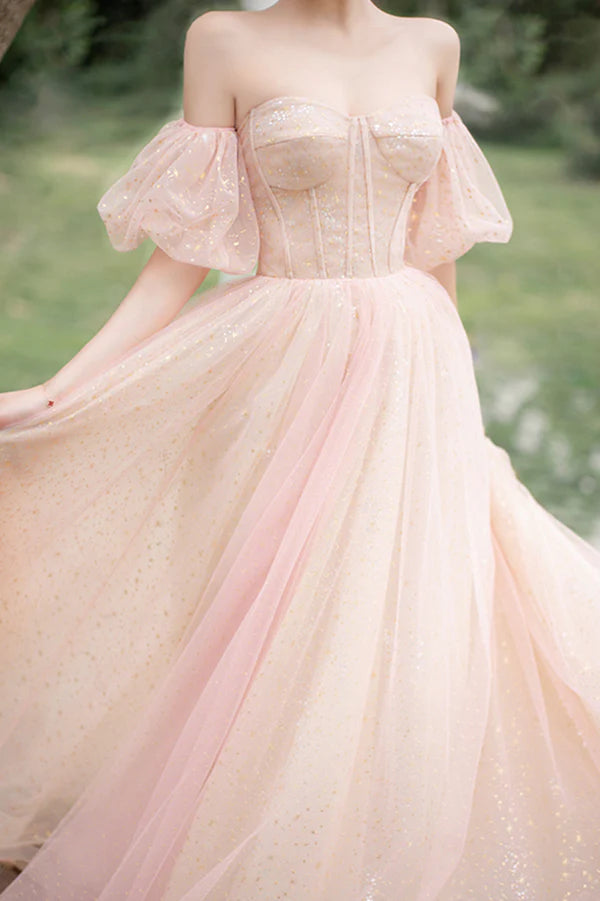 Pink Tulle Off the Shoulder Prom Dress Cute A-Line Graduation Dress
