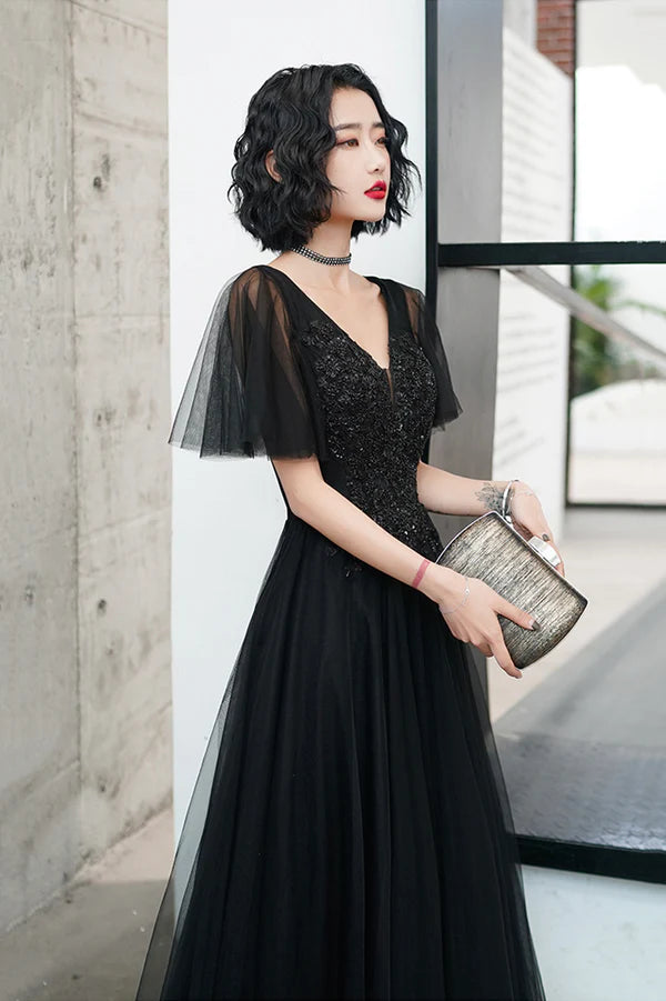 Black V-Neck Tulle Long Prom Dress Black A-Line Formal Evening Dress